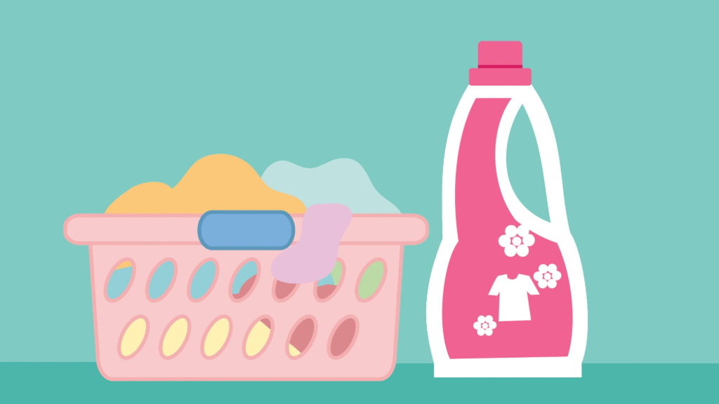 Laundry detergent and basket of laundry.