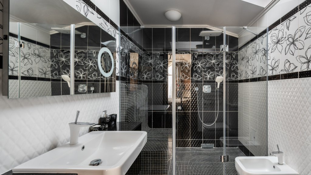 Modern black and white bathroom with glass shower