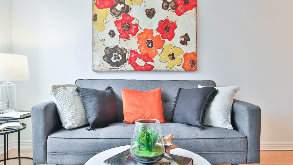 Modern gray couch with throw pillows